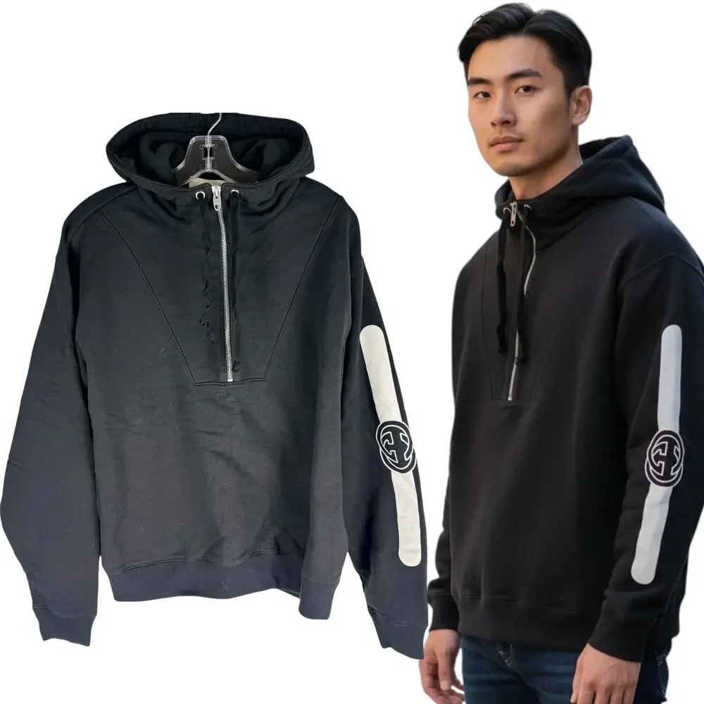 Gucci Half Zip Popover Interlocking GG Hoodie Black Size Small